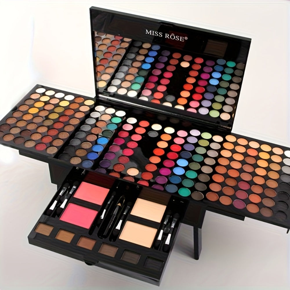 Makeup Kit 190-Color Fold-Out Face and Eye Palette with Center Mirror, 144 Eyeshadow Shades and Eight Brushes