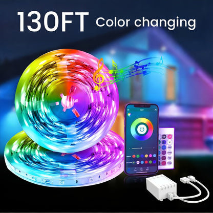 RGB LED Light Strip 50ft 100ft 130ft 16 Million Colors Music Sync – App & 24-Key Remote Control, Color Changing LED Strips for Bedroom, Game Room, Dorm & Party Decoration