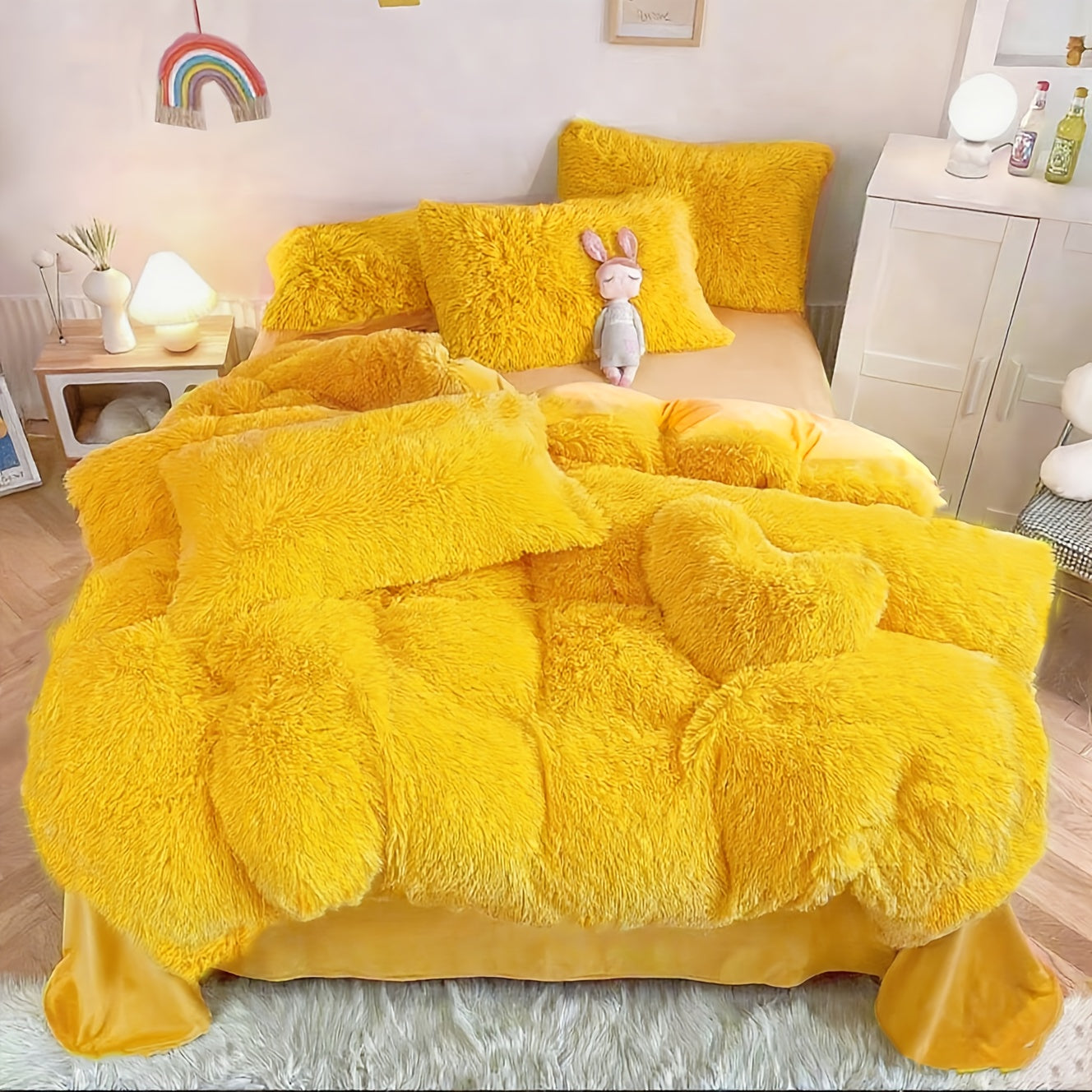 Plush Faux Fur Duvet Cover Set with Heart Pillow, Corner Ties and Twin, Queen or King Sizes in Eight Colors