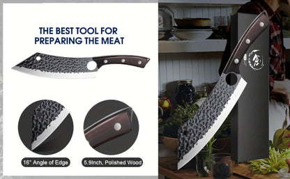 Wide 8-Inch Cleaver-Style Kitchen Knife with Finger Hole, Hammered-Look Blade and Wood-Tone Handle