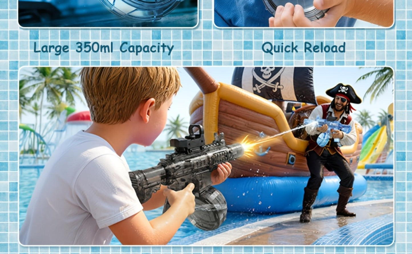Electric Water Blaster with Detachable Round Reservoir, Sight Accessory and Black or Blue Body