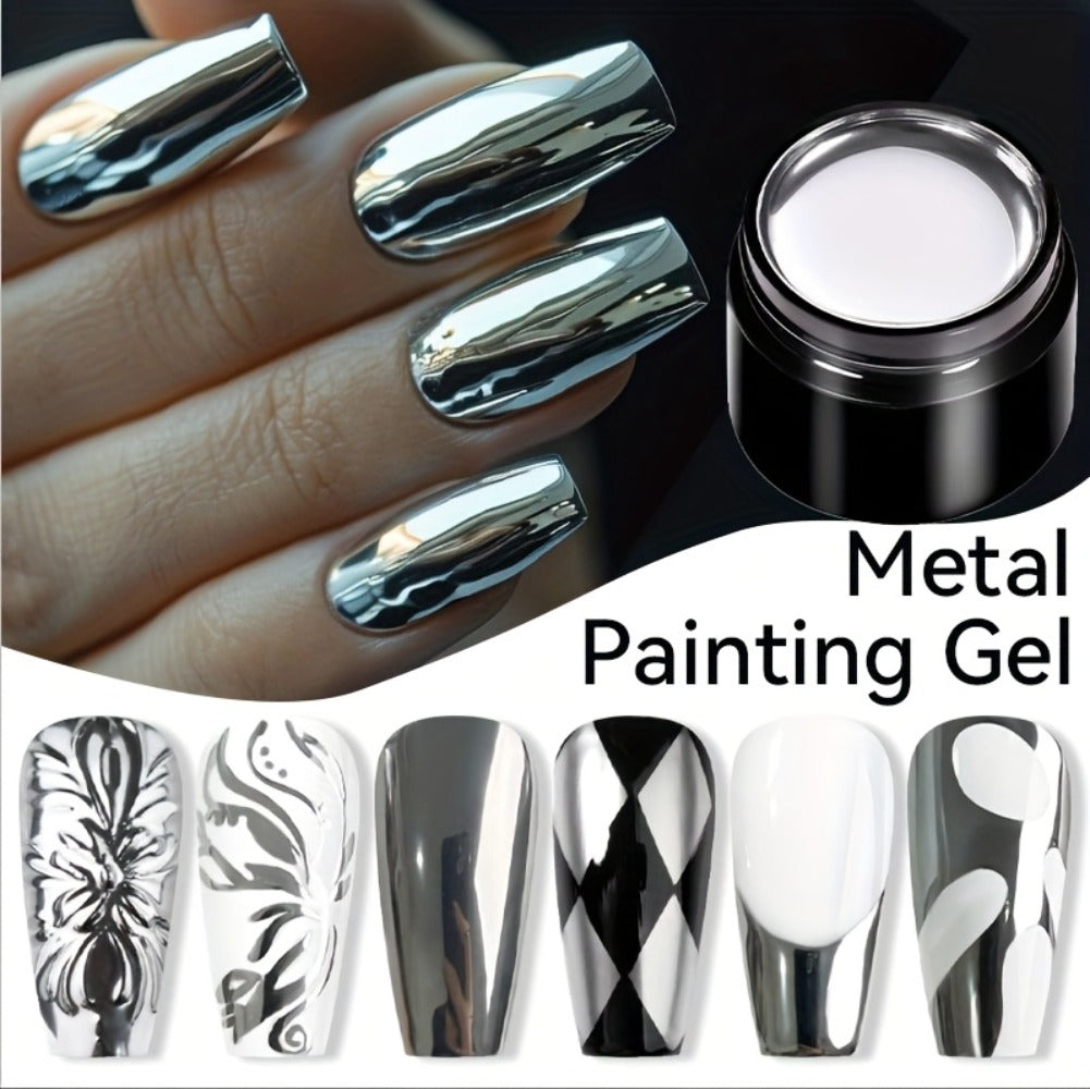 Metallic Silver Nail Art Painting Gel in 7ml LILYCUTE Jar with Fine Detail Brush for Lines and Floral Patterns