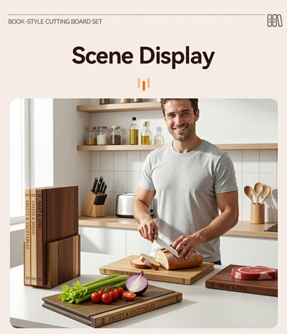 Acacia Wood Cutting Board Set 3 Piece with Stand Book Shaped Decorative Chopping Board for Vegetables Cheese Bread Meat Kitchen Gift Set
