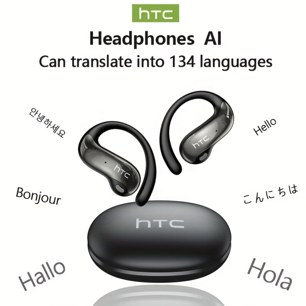 HTC NE19 Open-Ear AI Translation Earbuds with Oval Charging Case in Black, Gunmetal, Beige or Purple