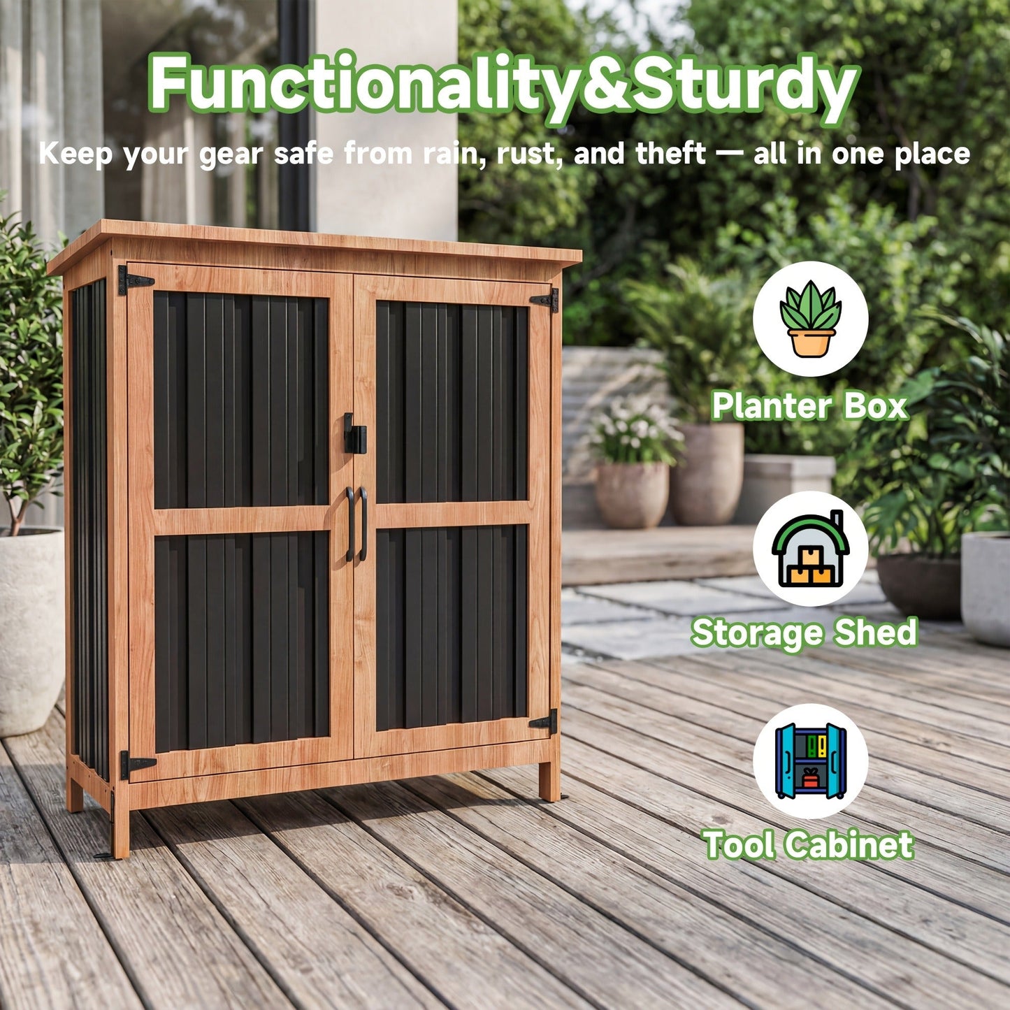 Metal Outdoor Storage Cabinets with Shelf-Equipped Tall or Low Models and 3 x 2 x 4.6 Ft Shed Option