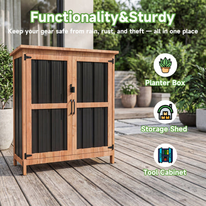 Metal Outdoor Storage Cabinets with Shelf-Equipped Tall or Low Models and 3 x 2 x 4.6 Ft Shed Option