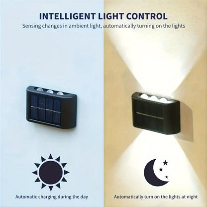 Eight-Pack Solar Wall Lights with Six LEDs Each, Up-and-Down Beams and Warm or White Light Options