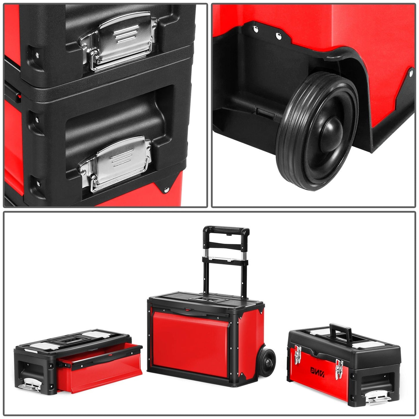 Rolling Tool Box 3-Tier Stackable Portable Toolbox with Wheels 19.5x12x28.5 Inch Steel PP 3-in-1 Detachable Compartments Metal Latches Extendable Handle for Home Workshop Garage Job Site
