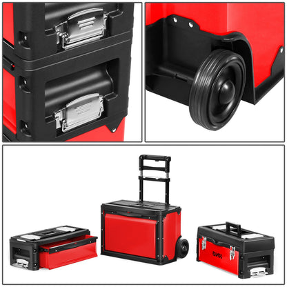 Rolling Tool Box 3-Tier Stackable Portable Toolbox with Wheels 19.5x12x28.5 Inch Steel PP 3-in-1 Detachable Compartments Metal Latches Extendable Handle for Home Workshop Garage Job Site