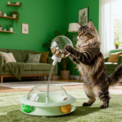 Cat Toy Spinning Food Wheel with Treat Openings, Paw-Powered Rotation and Optional Feather Attachment