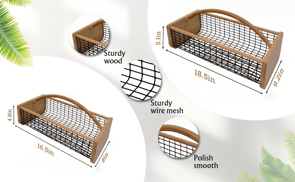Garden Harvest Basket with Metal Mesh Body, Wooden Ends, Carry Handle and Small or Large Black Options