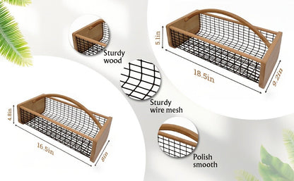 Garden Harvest Basket with Metal Mesh Body, Wooden Ends, Carry Handle and Small or Large Black Options