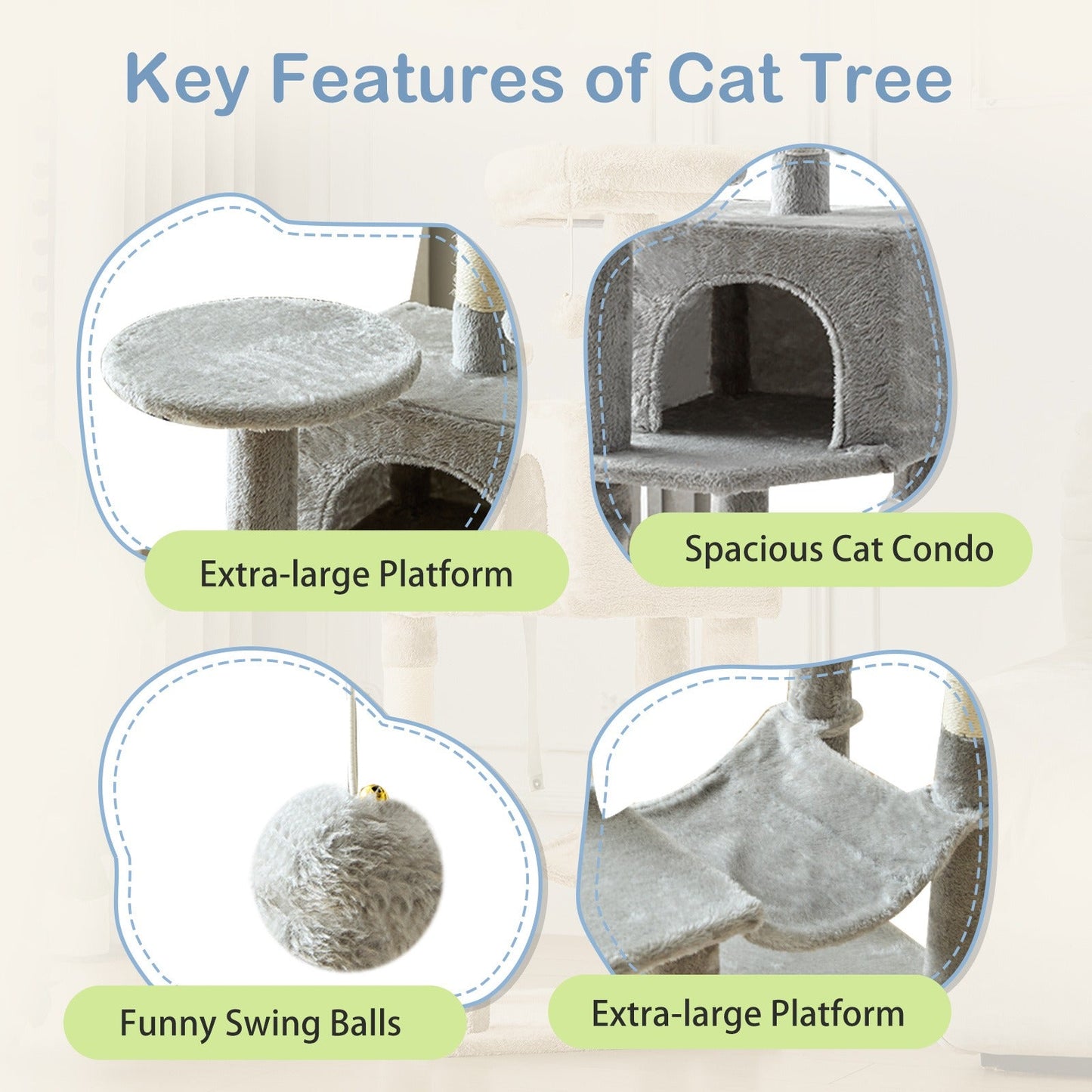 44-Inch Cat Tree Tower with Condo & Hammock - Multi-Level Indoor Cat Tree with Natural Sisal Scratching Posts, Perches & Pet House for Cats & Kittens, Stable Cat Climbing Tower, 5 Colors