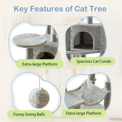 44-Inch Cat Tree Tower with Condo & Hammock - Multi-Level Indoor Cat Tree with Natural Sisal Scratching Posts, Perches & Pet House for Cats & Kittens, Stable Cat Climbing Tower, 5 Colors