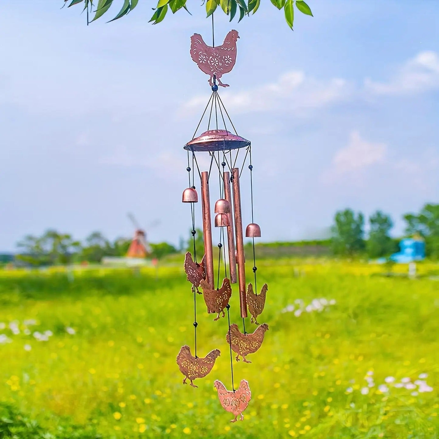 Chicken Wind Chime with Seven Pictured Chicken Shapes, Six Bells and Four Hanging Tubes for Porch or Garden Decor