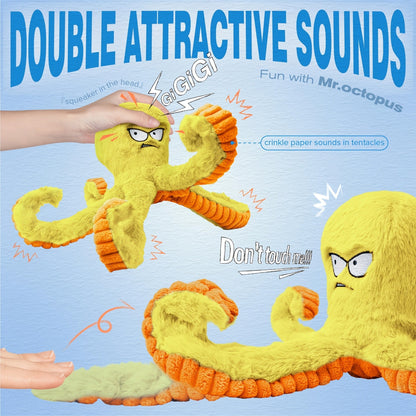 Dog Toy Octopus Plush with Built-In Squeaker and Crinkle Texture in Blue or Yellow with 1, 2 or 4-Pack Options
