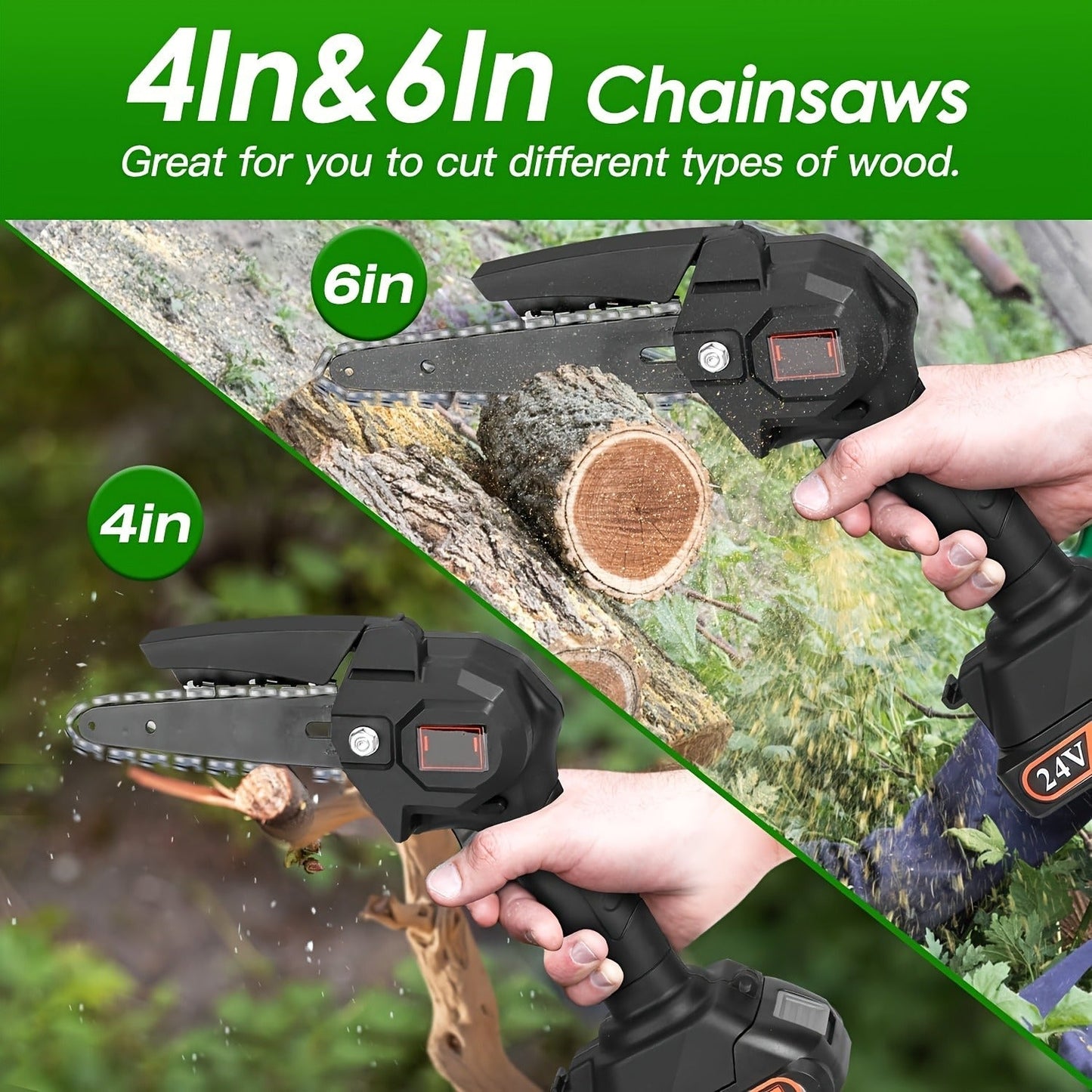 Cordless 4- and 6-Inch Pole Saw with Three Extension Sections, 90° Head, Two Batteries and Two Colors