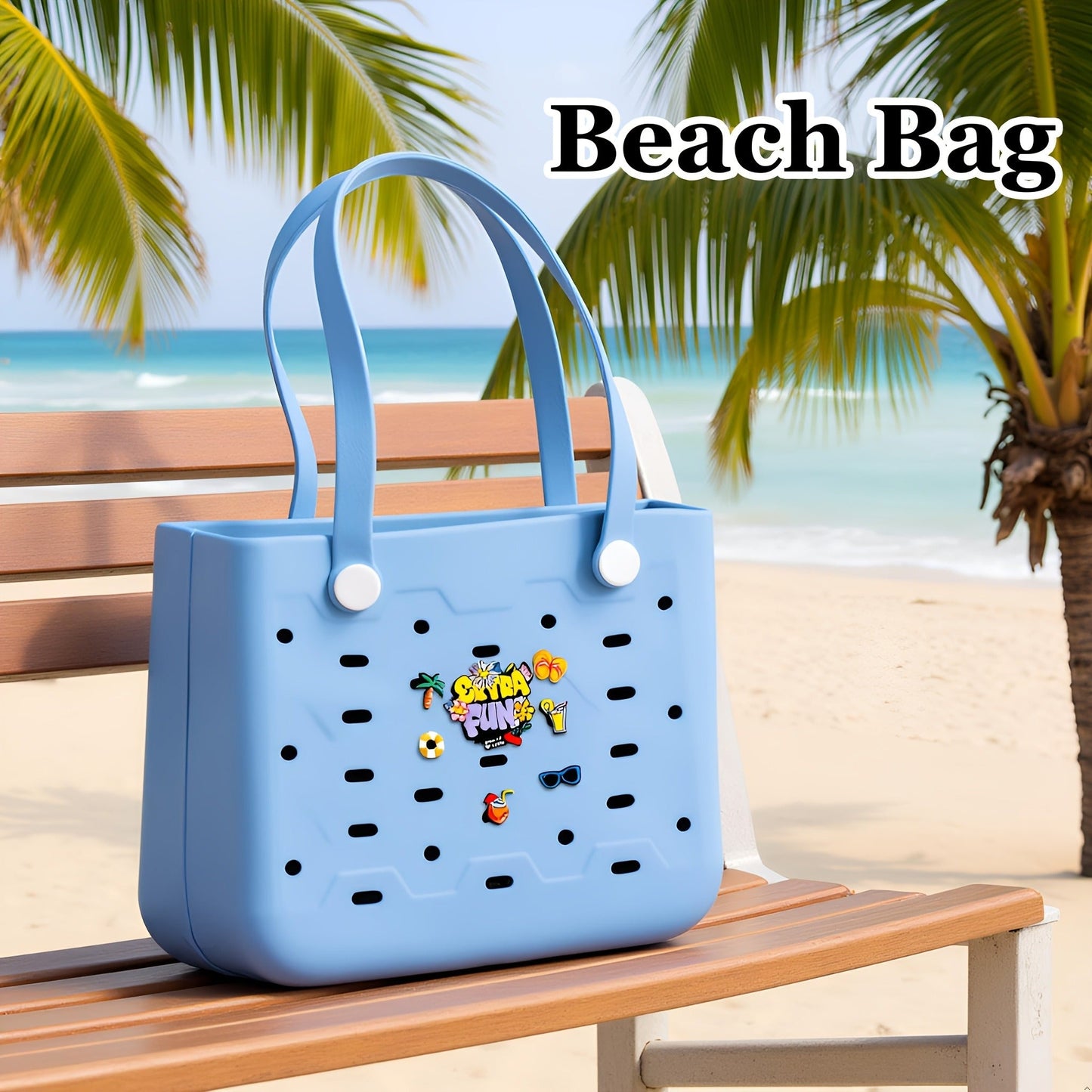 EVA Beach Bag for Women with Drainage Holes Waterproof Tote Bag Summer Outdoor Camping Shopping Travel Bag with Cute Decorations Multiple Colors S M L