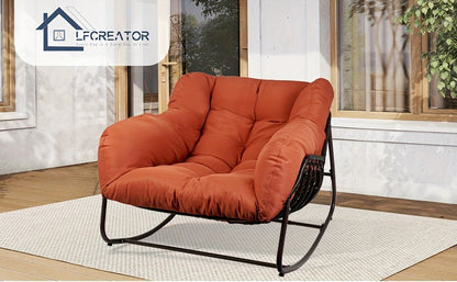 Papasan Rocking Chair Outdoor Wicker Egg Chair with Cushion & Pillow, Large Patio Rocker for Garden