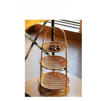 Tiered Serving Tray Rattan Style Round Multi-Layer Fruit Snack Display Stand for Parties Weddings Buffets Nuts Desserts Space-Saving Elegant