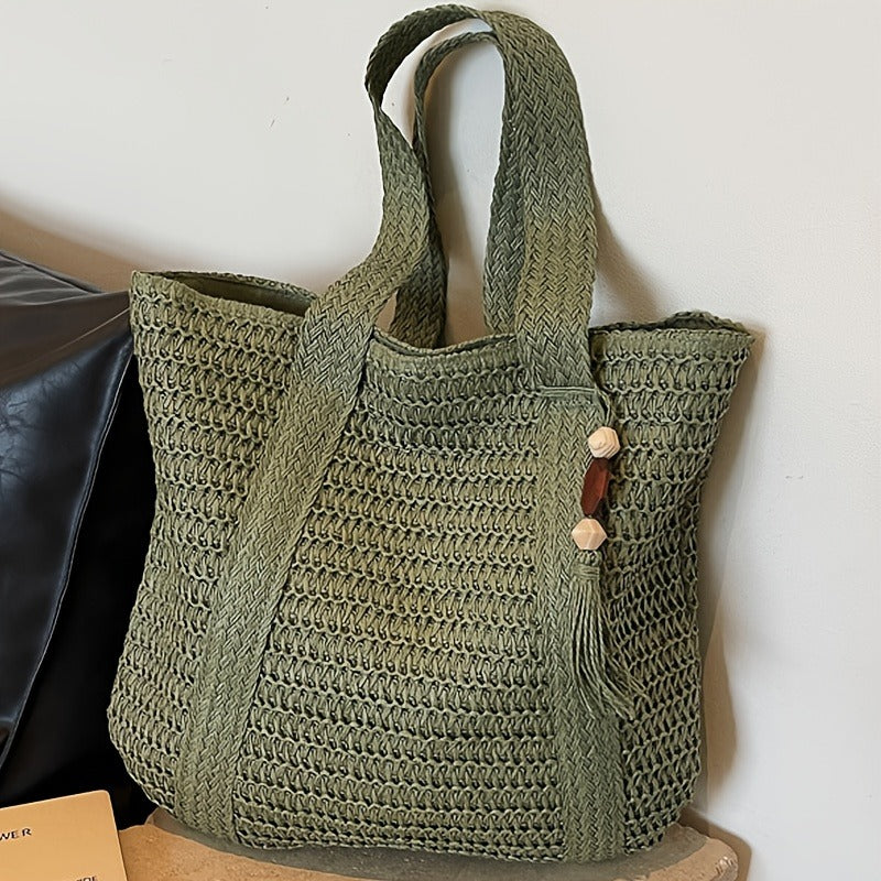 Straw Woven Tote Bag for Women Large Capacity Beach Bag Handwoven Shoulder Bag with Tassel Summer Vacation Travel Shopping Bag