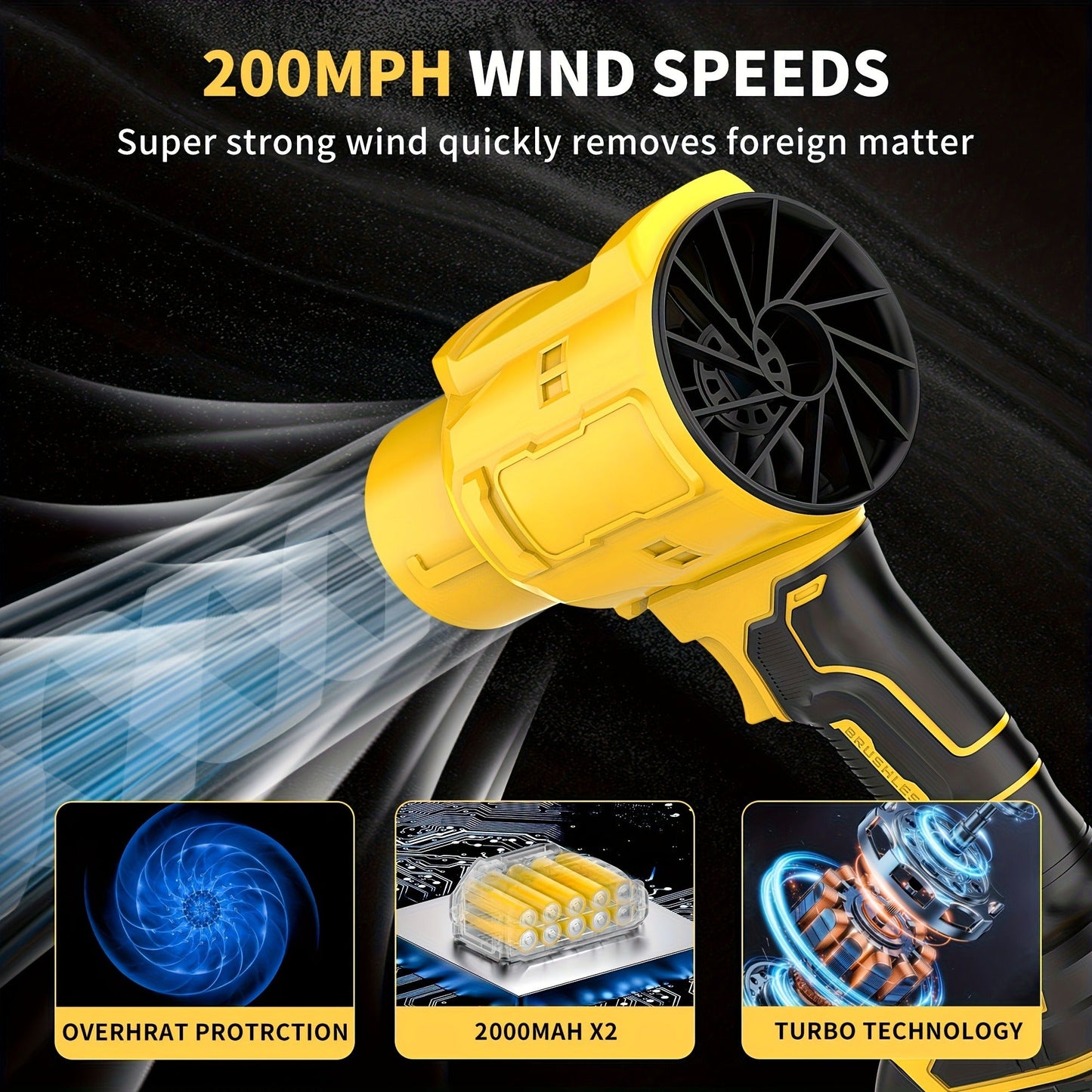 20V Cordless Leaf Blower with 50,000 RPM Marking, Yellow or Green Body and Six Dual-Battery Package Options