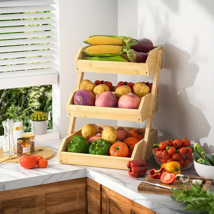 Slatted Countertop Produce Organizer in Two- or Three-Tier Checkout Options with Angled Open-Front Trays