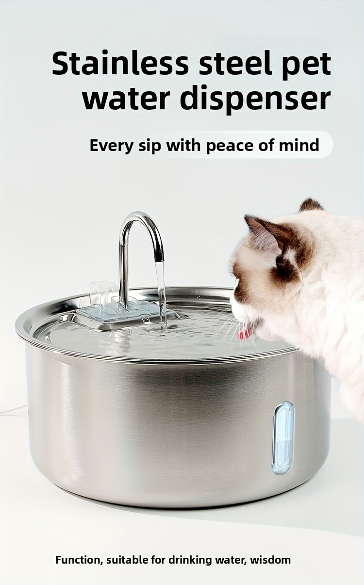 FT007 7L Pet Water Fountain with Stainless-Steel-Marked Basin, Central Faucet Outlet and Water Window