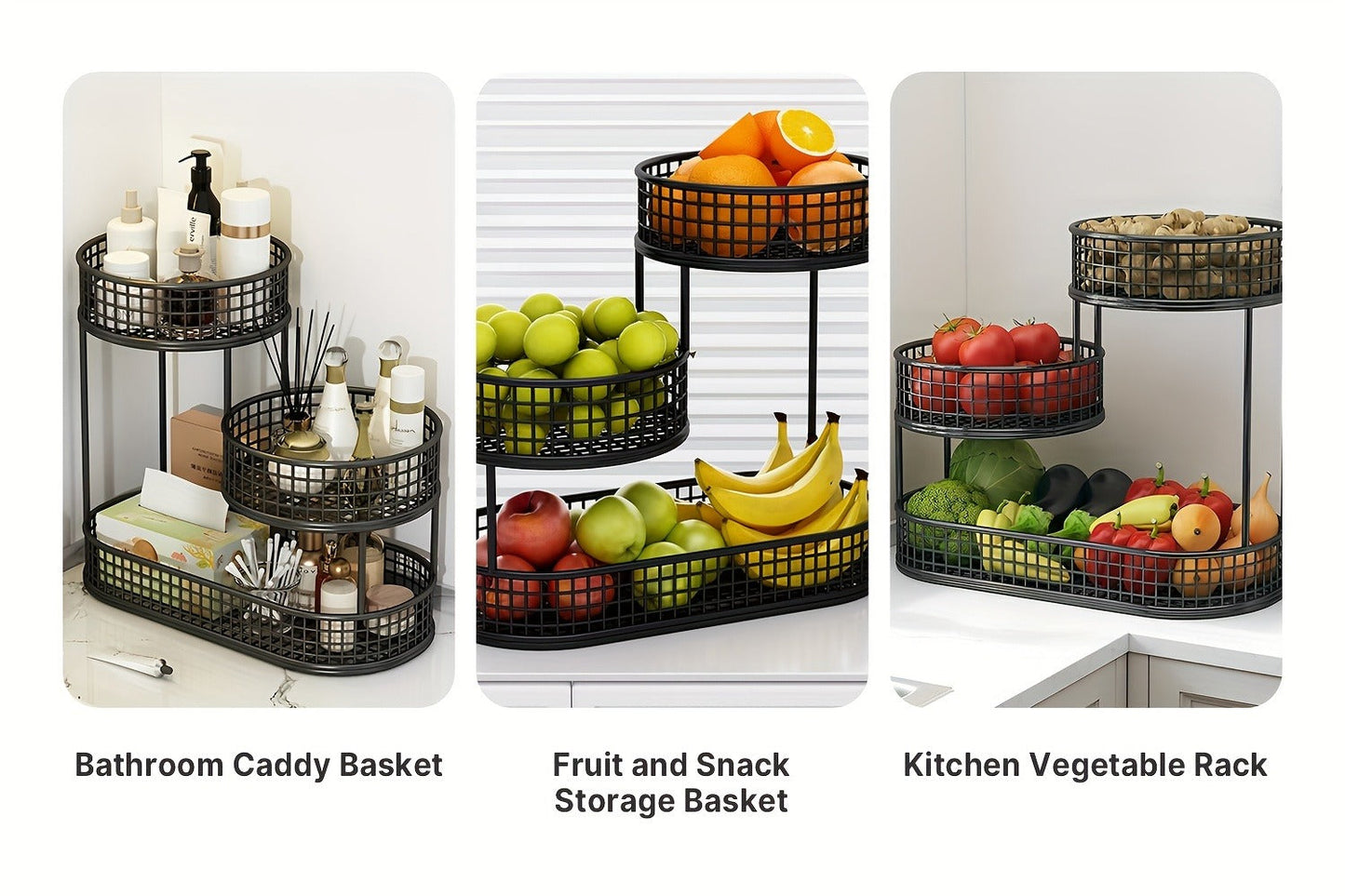 Three-Tier Black Wire Fruit Basket with Staggered Round Bowls and Rectangular Countertop Base