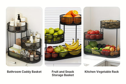 Three-Tier Black Wire Fruit Basket with Staggered Round Bowls and Rectangular Countertop Base