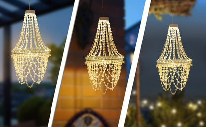 Solar Outdoor Lights 54-LED Hanging Crystal Chandelier in 6-Tier, Oval or Round Style for Gazebo Decor
