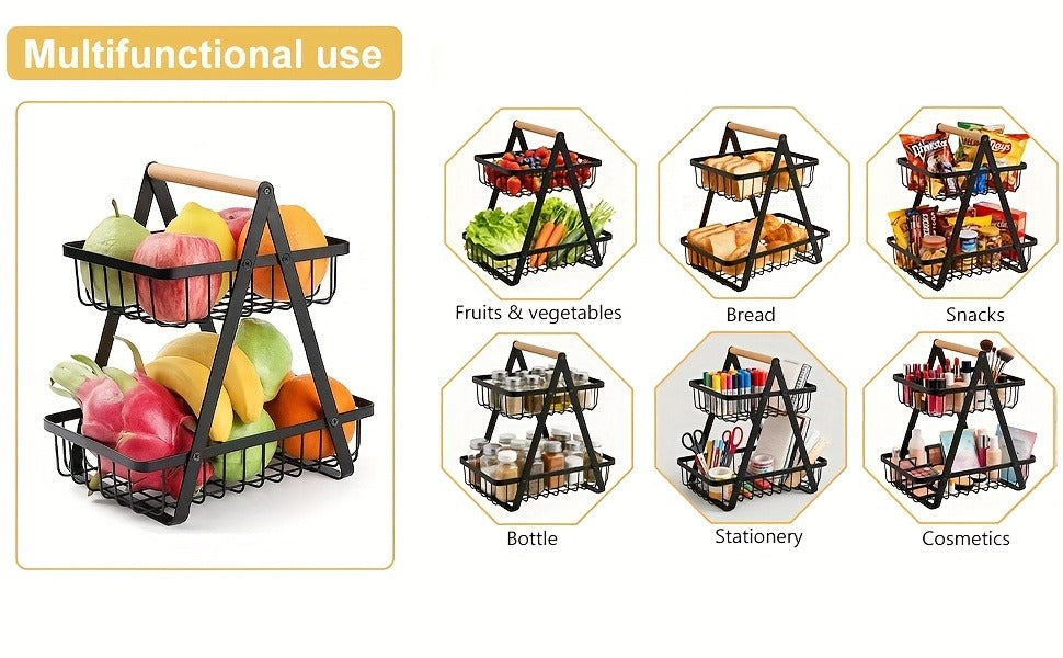 Tiered Fruit Basket with Removable Wooden Handles – 2 or 3 Tier Metal Kitchen Counter Organizer for Produce, Bread & Snacks