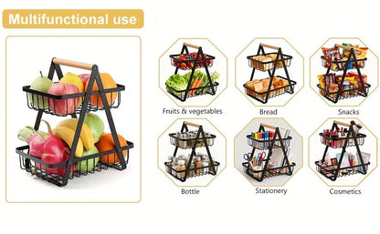 Tiered Fruit Basket with Removable Wooden Handles – 2 or 3 Tier Metal Kitchen Counter Organizer for Produce, Bread & Snacks