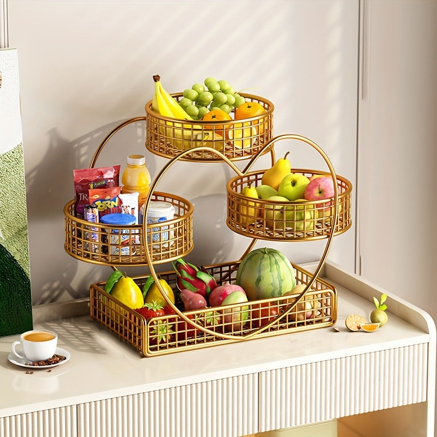 Wire Fruit Stand 3-Tier Golden Metal Basket | Large Capacity Kitchen Counter Organizer for Fruits Vegetables Bread Snacks Produce