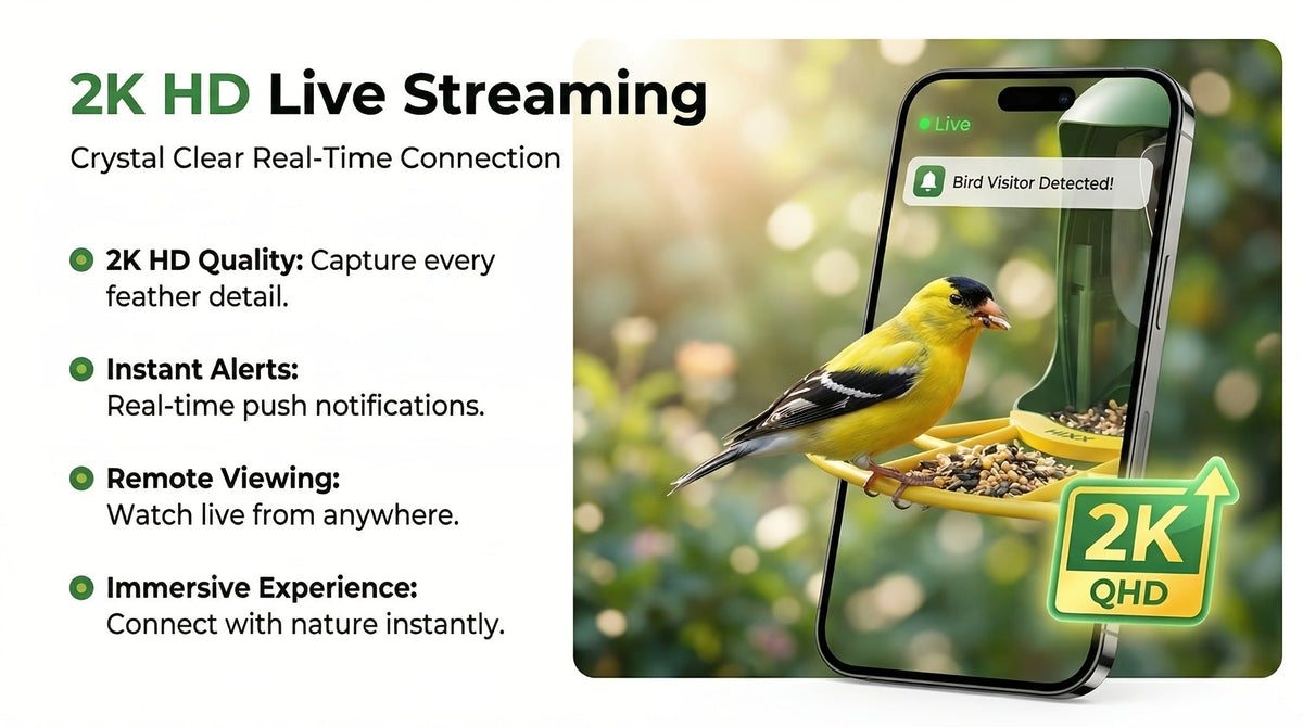 Smart Bird Feeder, Camera AI Bird Identification, 2K HD Live View, Auto Capture & Color Night Vision
