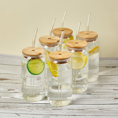 Drinking Glasses Set with Lid and Straw 550ml Oval Glass Cups 4 or 6 Piece – Iced Coffee Smoothie Bubble Tea Juice Tumbler Set for Home Entertaining Gifting