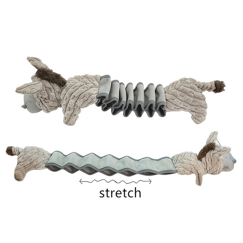 Dog Toy Stretch Donkey Plush Squeaker with Elastic Body, Textured Surface and Rope Ends in Gray White