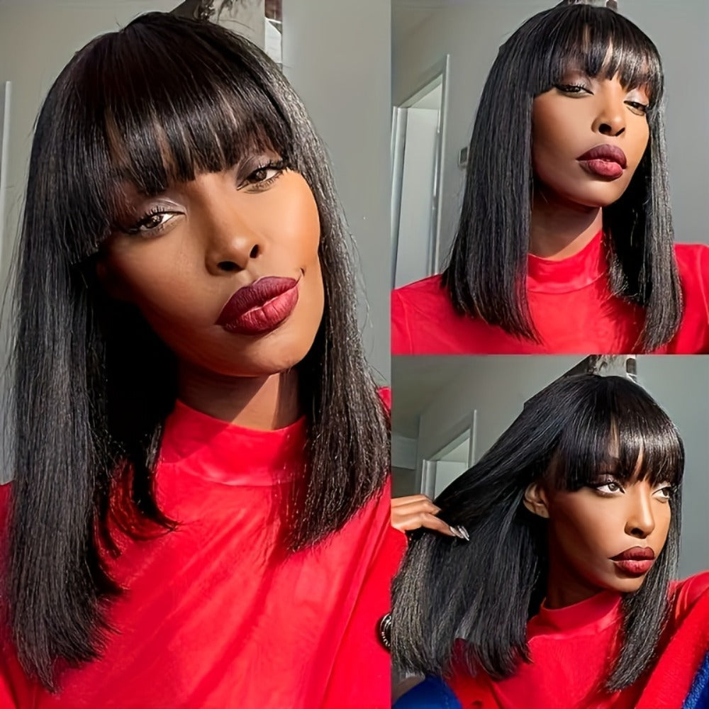 Straight Bob Human Hair Wig with Full Bangs, 250% Density, Rose Net Cap and 10-18 Inch Lengths