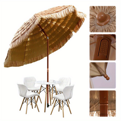 Patio Umbrella 7.5FT Thatch-Style Tiki Design with Steel Pole, Iron Frame, Push Tilt and UV Shade