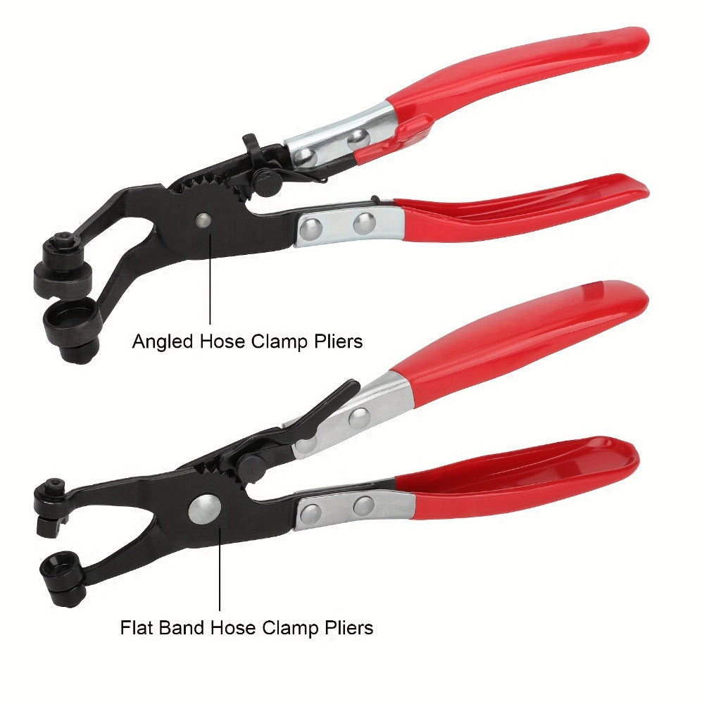 Hose Clamp Pliers Set 2pc – Angled Swivel Jaw, Locking, Spring-Loaded, Manganese Steel, Fits Ring & Flat Band Clamps for Automotive Fuel Coolant Hose Repair (215mm)
