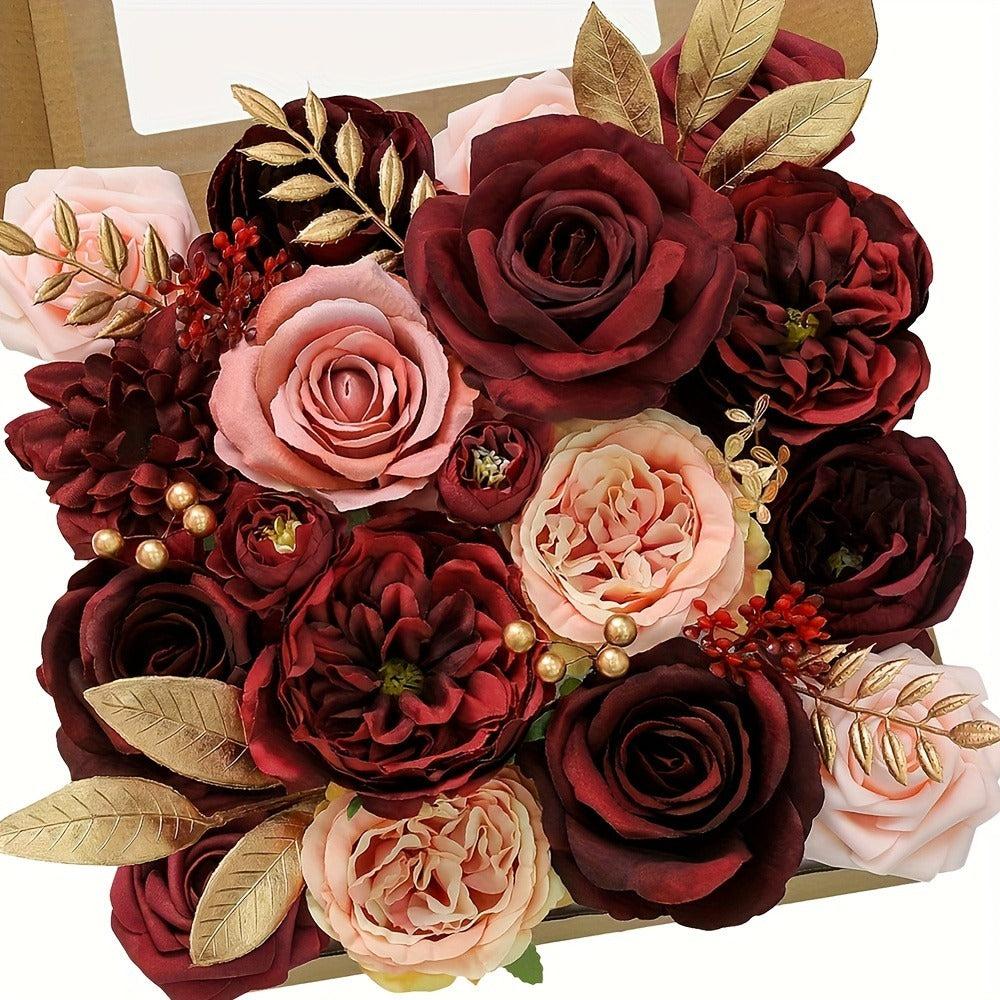 Artificial Flowers 12-Piece Wine Red Plastic Rose Bouquet for Wedding, Halloween and Tabletop Decor