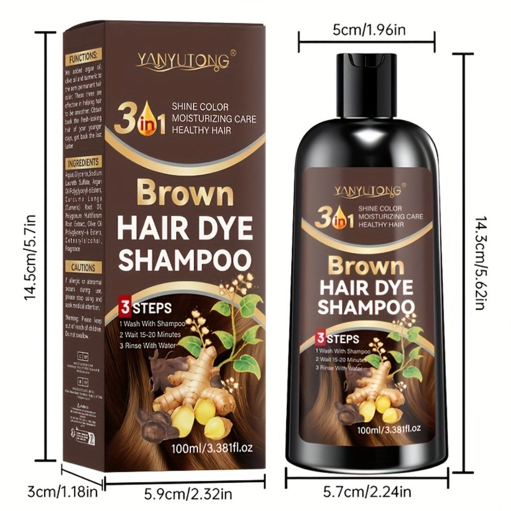 Brown Hair Dye Shampoo 2-Pack 3.38oz — Polygonum Multiflorum & Ginger Extract Covers Gray Hair, Deep Moisture Anti-Frizz Long-Lasting Natural Color, Plant-Based Unisex Hair Gift