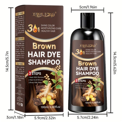 Brown Hair Dye Shampoo 2-Pack 3.38oz — Polygonum Multiflorum & Ginger Extract Covers Gray Hair, Deep Moisture Anti-Frizz Long-Lasting Natural Color, Plant-Based Unisex Hair Gift