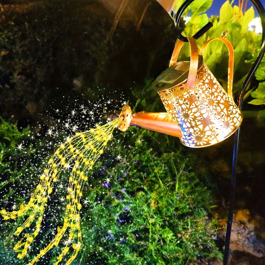 Solar Garden Light Watering Can Stake with Warm White Cascading LEDs, IP44 Rating and Hanging Bracket