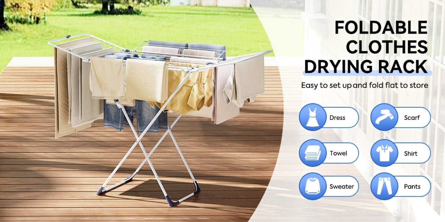 White Four-Wing Folding Clothes Drying Rack with X-Frame, Freestanding Laundry Bars and 55.1 x 37.8-Inch Layout