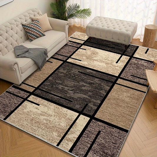 Area Rug Geometric Beige Brown 850 GSM Polyester Velvet in Four Machine-Washable Room Sizes