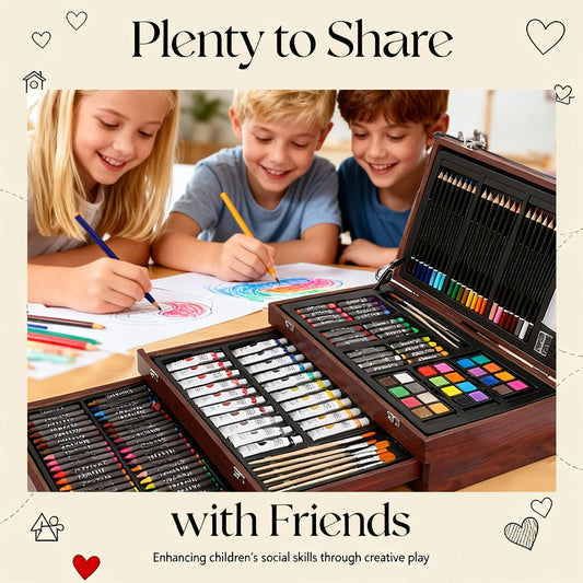 172 Piece Deluxe Art Set in Wooden Case with 2 Drawing Pads Crayons Acrylic Paints Colored Pencils Professional Art Kit Gift Box for Artists Beginners Ages 8+ Birthday Christmas