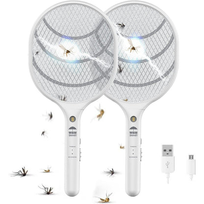 Electric Fly Swatter Racket Rechargeable 2-Pack – 3000V Bug Zapper with LED Light, USB Charging, Triple Safety Mesh for Indoor & Outdoor Mosquito Control