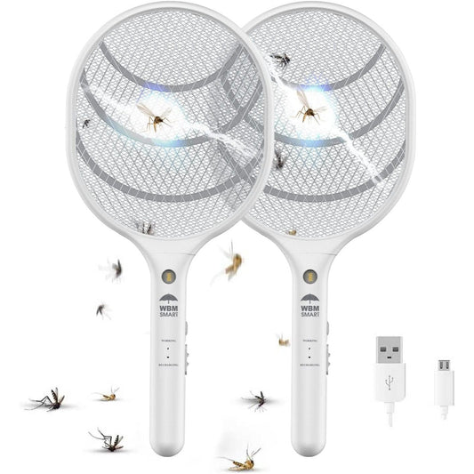 Electric Fly Swatter Racket Rechargeable 2-Pack – 3000V Bug Zapper with LED Light, USB Charging, Triple Safety Mesh for Indoor & Outdoor Mosquito Control