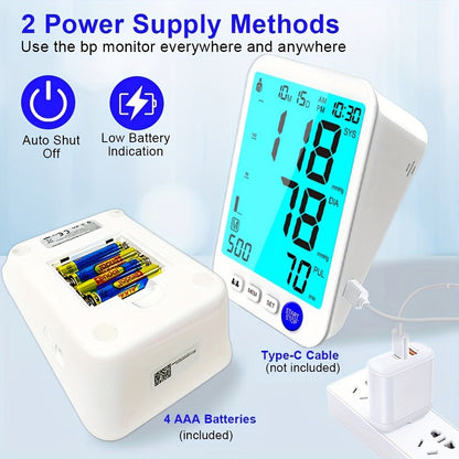 Blood Pressure Monitor Upper-Arm Device with 22-42 cm Cuff, Large Backlit Display, Dual-User Memory and Two Power Options